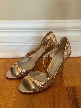 Gold Sequins Open-Toe Stilettos